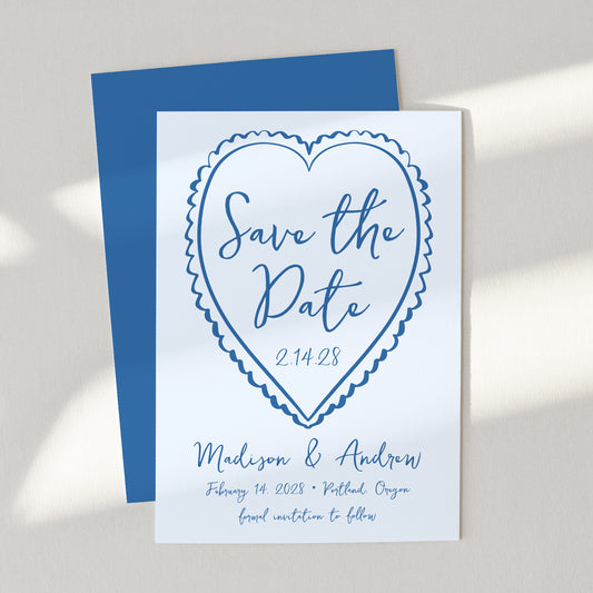 Whimsical Blue Heart Wedding Save the Date Card | Corjl Template