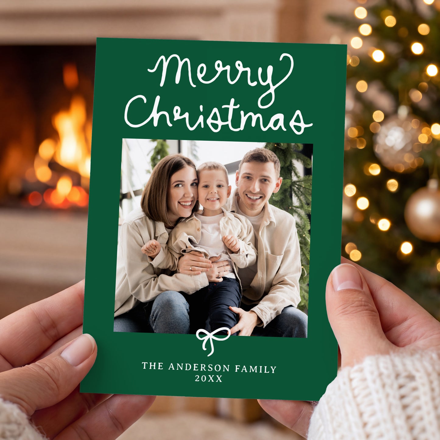 Whimsical Script Bow Green 5 Photo Christmas Card | Corjl Template