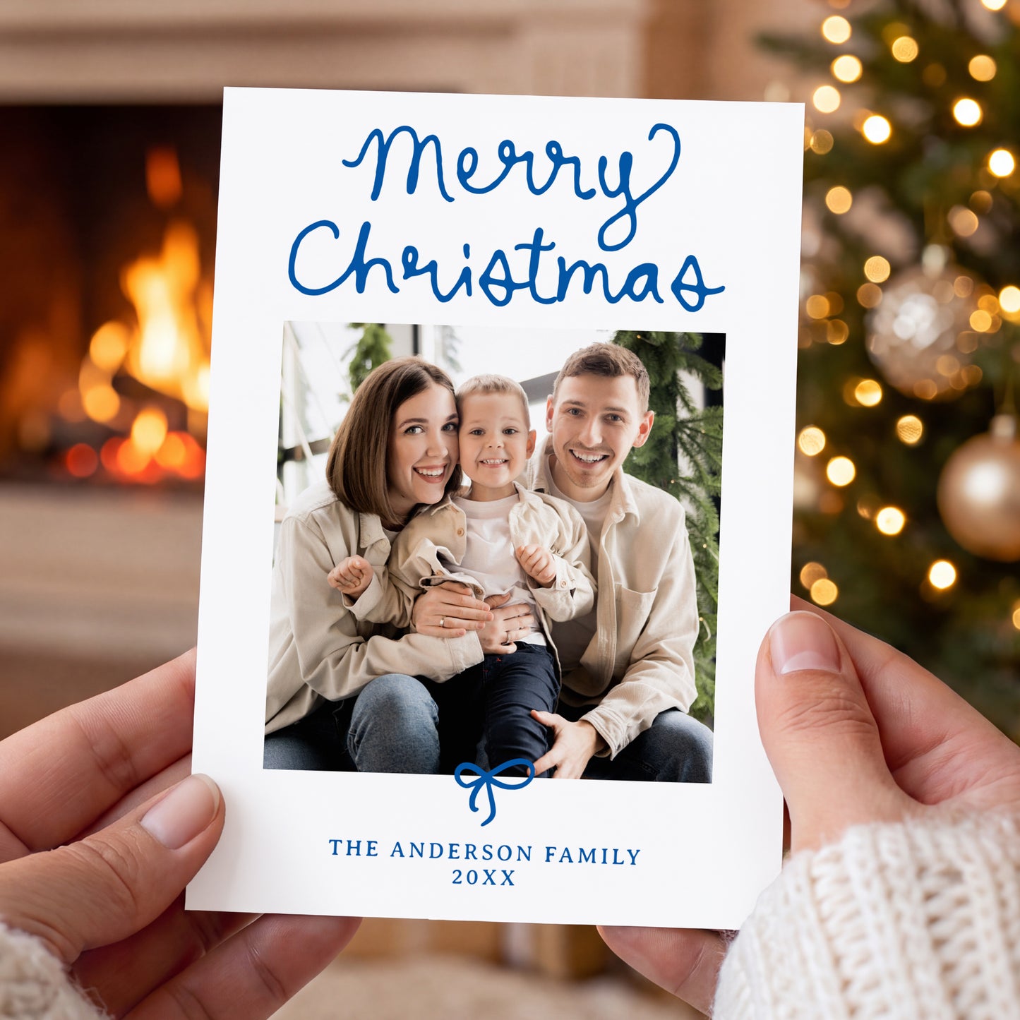 Whimsical Script Blue Bow 5 Photo Christmas Card | Corjl Template