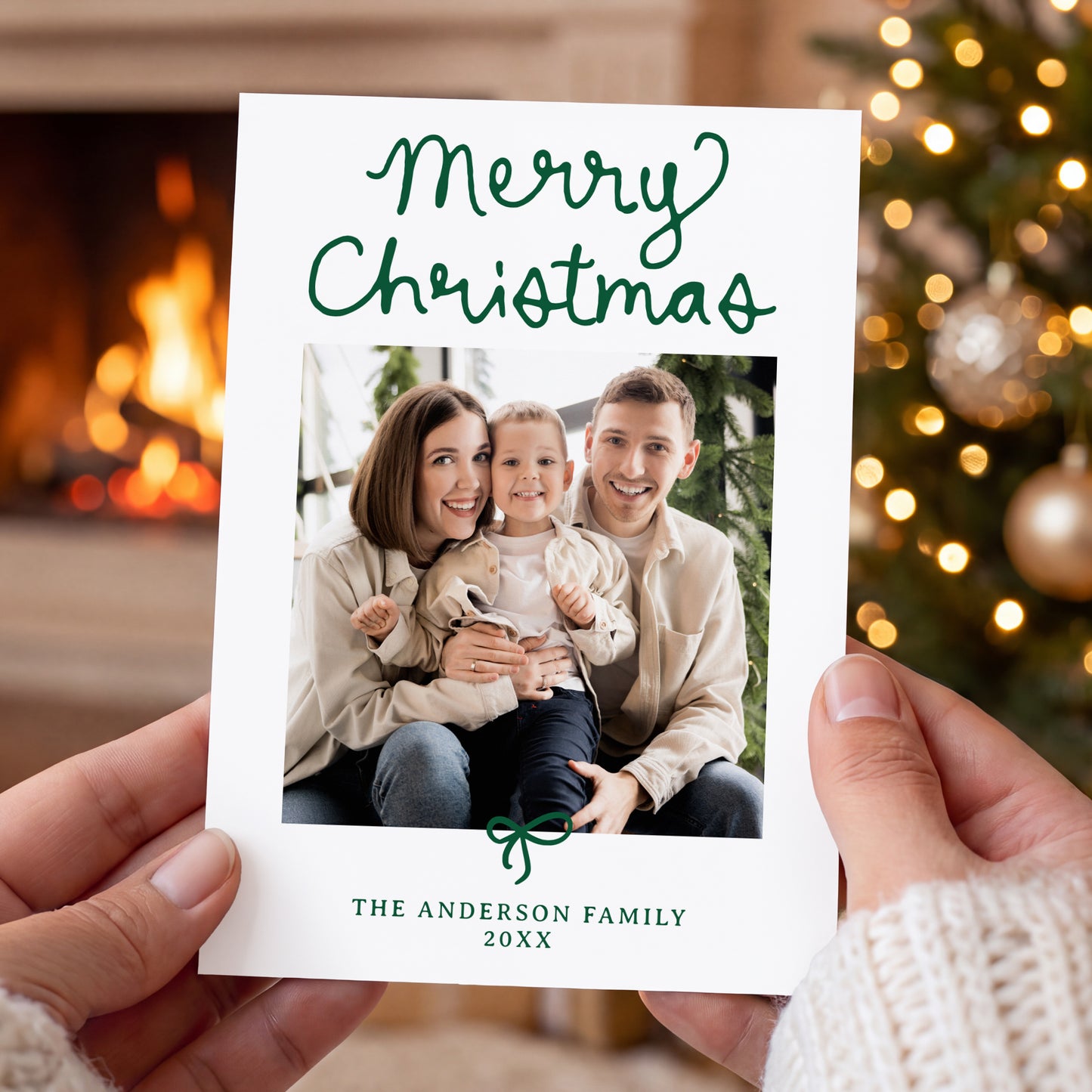 Whimsical Script Green Bow 5 Photo Christmas Card | Corjl Template