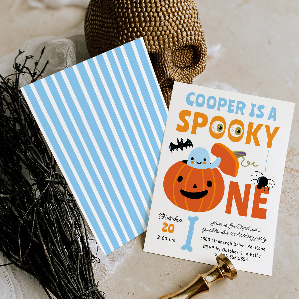 Spooky One Halloween Blue Ghost 1st Birthday Party Invitation Template