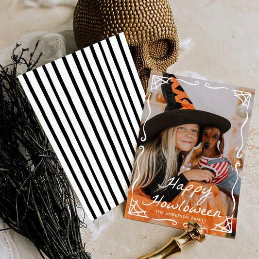 Whimsical Spiderweb Frame Dog Halloween Photo Card Template