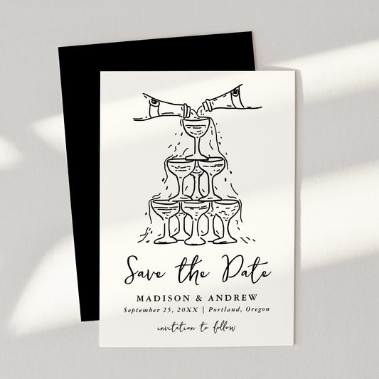 Whimsical Cream and Black Champagne Tower Wedding Save The Date Card | Corjl Template