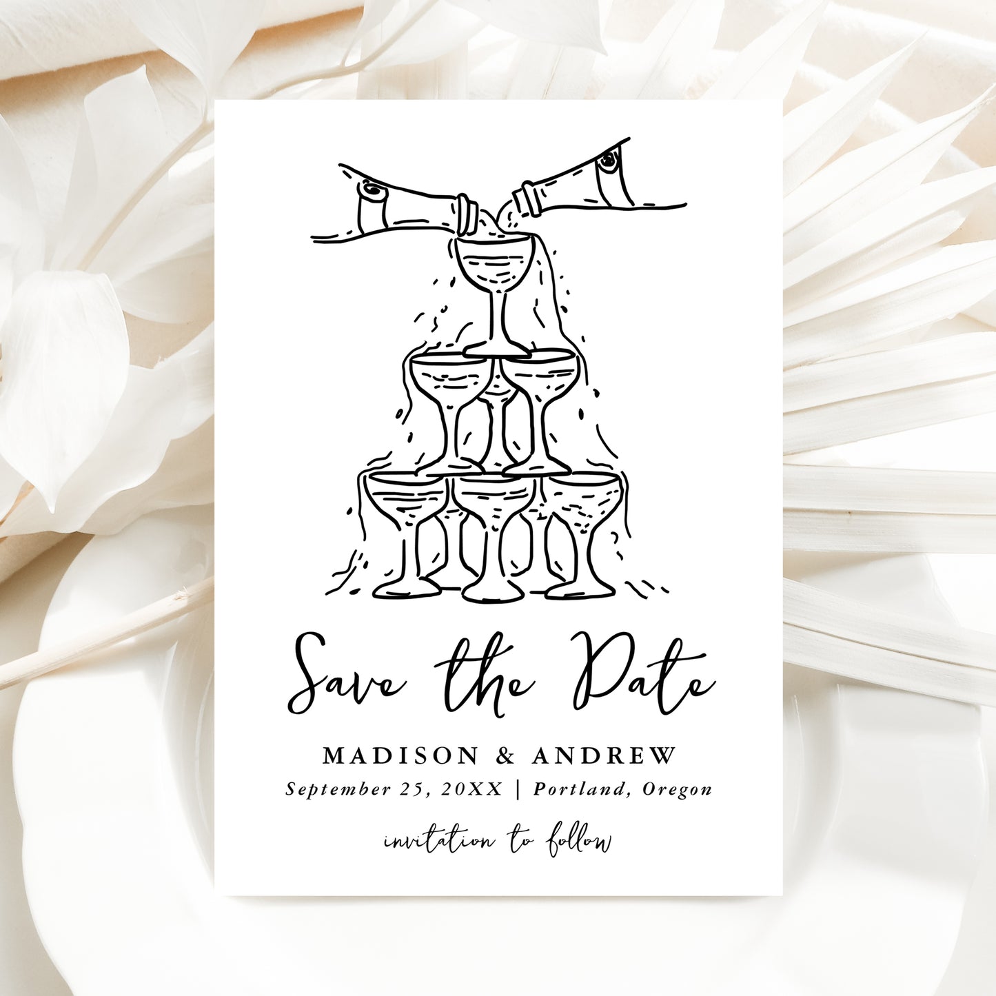 Whimsical Black Champagne Tower Photo Wedding Save The Date Card | Corjl Template