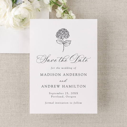 Classic Charcoal Hydrangea Wedding Save the Date Card | Corjl Template