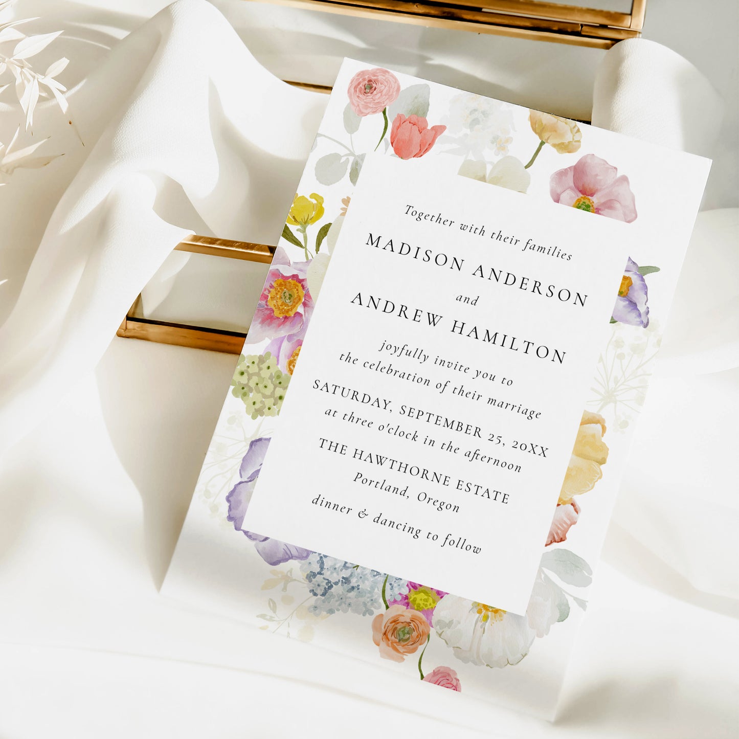 Colorful Watercolor Wildflower Wedding Invitation | Corjl Template