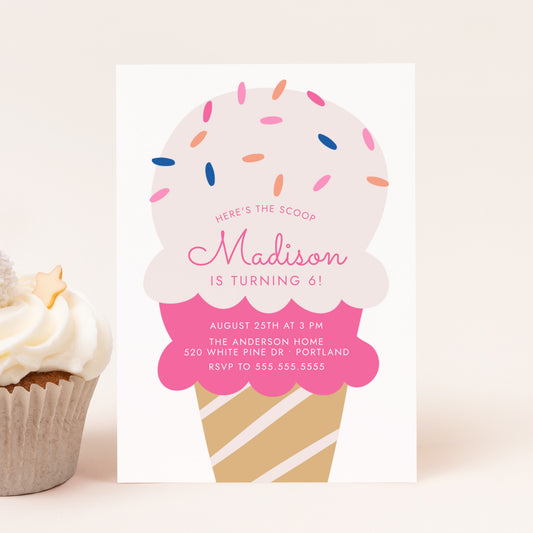 Here's The Scoop Ice Cream Birthday Party Invitation | Corjl Template