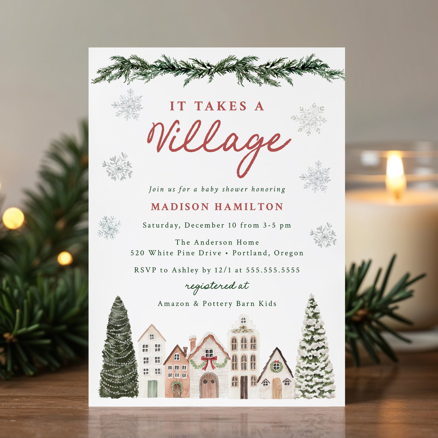 It Takes a Village Snowflake Winter Baby Shower Invitation | Corjl Template