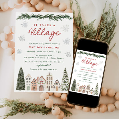 It Takes a Village Snowflake Winter Baby Shower Invitation | Corjl Template