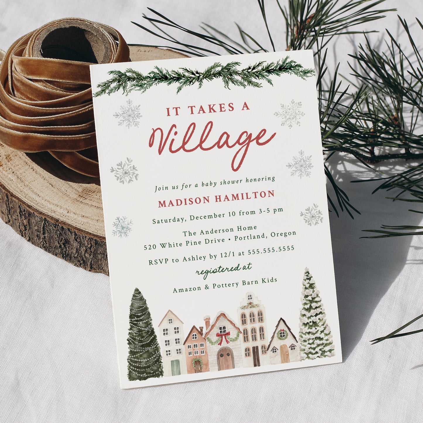It Takes a Village Snowflake Winter Baby Shower Invitation | Corjl Template