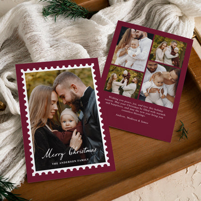 Classic Burgundy Christmas Postage Stamp 5 Photo Holiday Card | Corjl Template