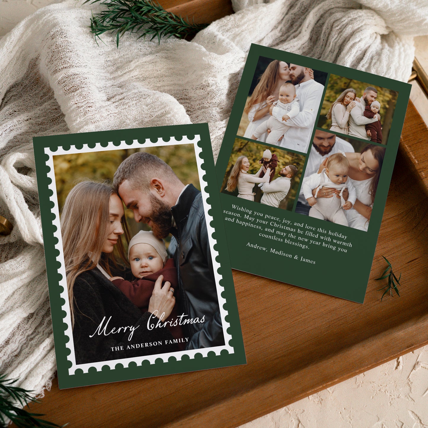 Classic Green Christmas Postage Stamp 5 Photo Holiday Card | Corjl Template