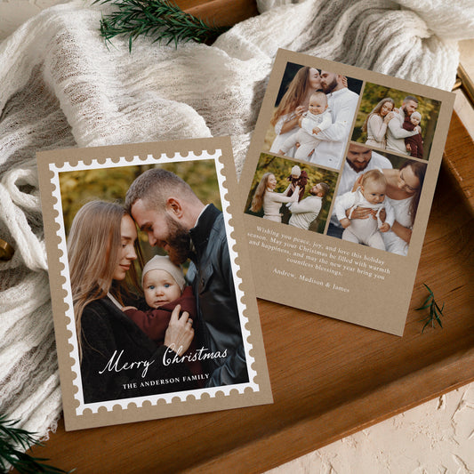 Classic Kraft Paper Christmas Postage Stamp 5 Photo Holiday Card | Corjl Template