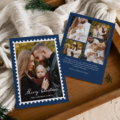 Classic Navy Christmas Postage Stamp 5 Photo Holiday Card | Corjl Template