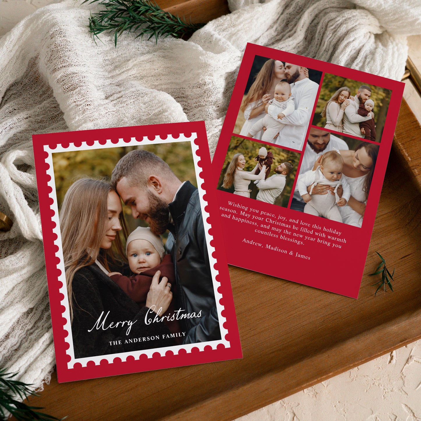Classic Red Christmas Postage Stamp 5 Photo Holiday Card | Corjl Template