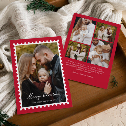 Classic Red Christmas Postage Stamp 5 Photo Holiday Card | Corjl Template
