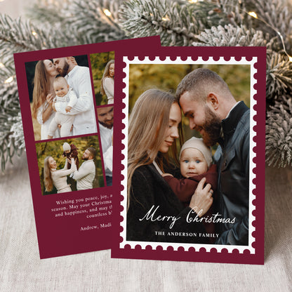 Classic Burgundy Christmas Postage Stamp 5 Photo Holiday Card | Corjl Template