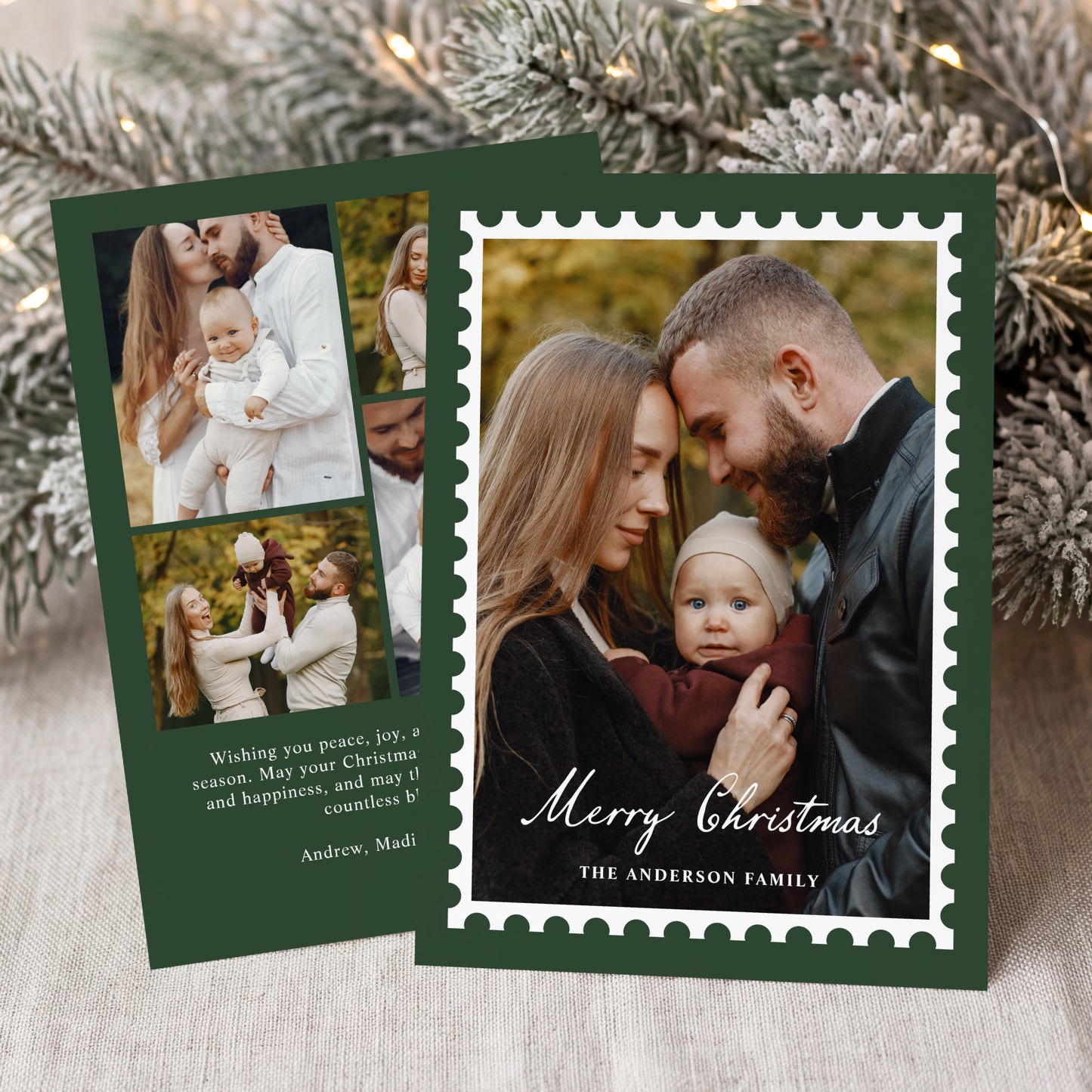 Classic Green Christmas Postage Stamp 5 Photo Holiday Card | Corjl Template