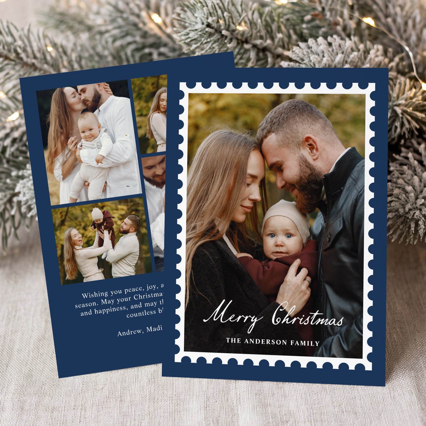 Classic Navy Christmas Postage Stamp 5 Photo Holiday Card | Corjl Template