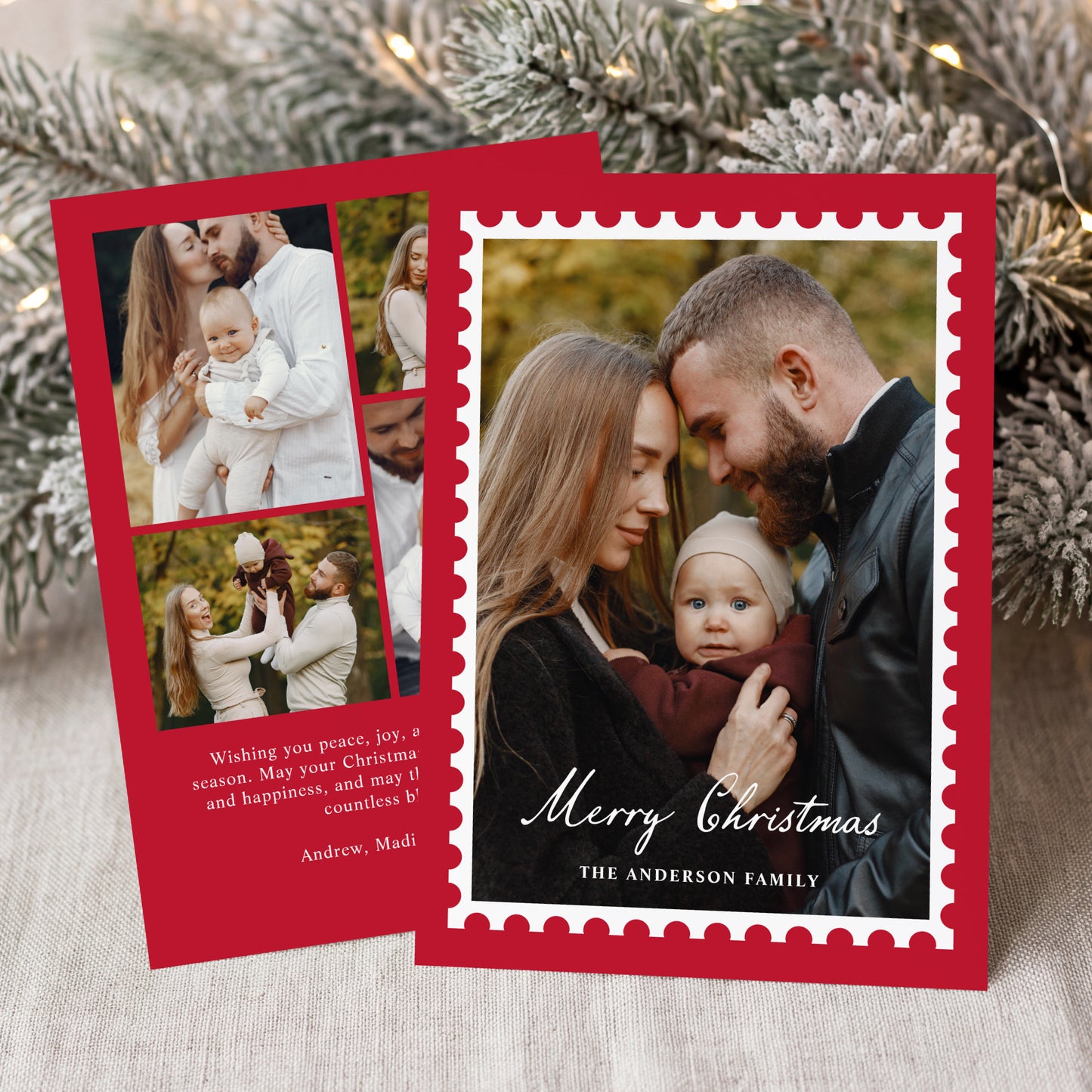 Classic Red Christmas Postage Stamp 5 Photo Holiday Card | Corjl Template