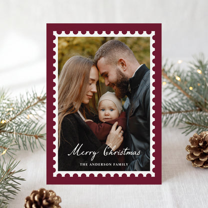 Classic Burgundy Christmas Postage Stamp 5 Photo Holiday Card | Corjl Template