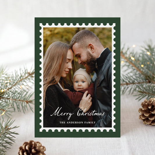 Classic Green Christmas Postage Stamp 5 Photo Holiday Card | Corjl Template