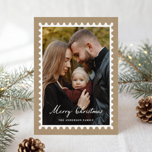 Classic Kraft Paper Christmas Postage Stamp 5 Photo Holiday Card | Corjl Template
