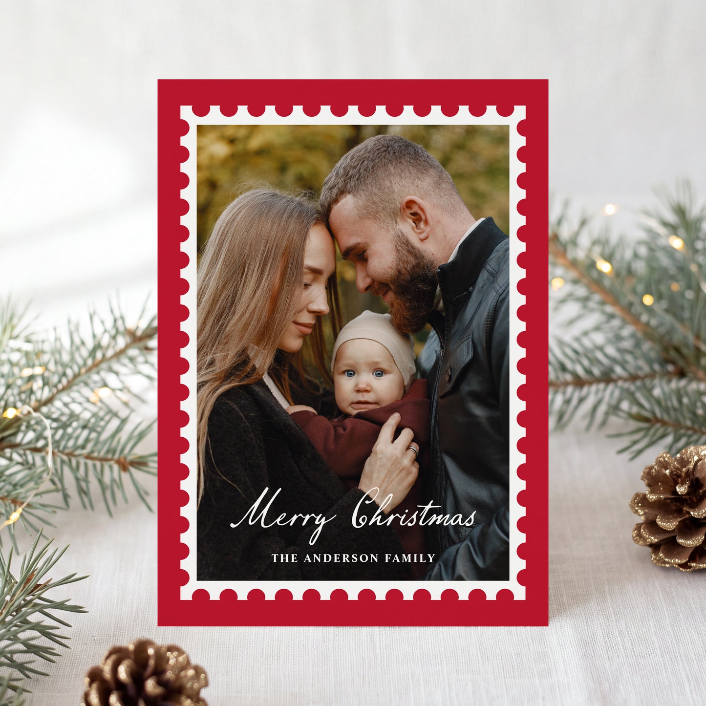 Classic Red Christmas Postage Stamp 5 Photo Holiday Card | Corjl Template