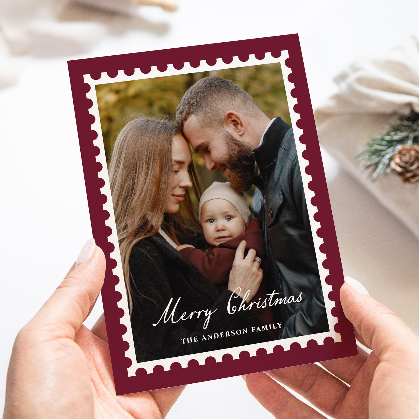 Classic Burgundy Christmas Postage Stamp 5 Photo Holiday Card | Corjl Template