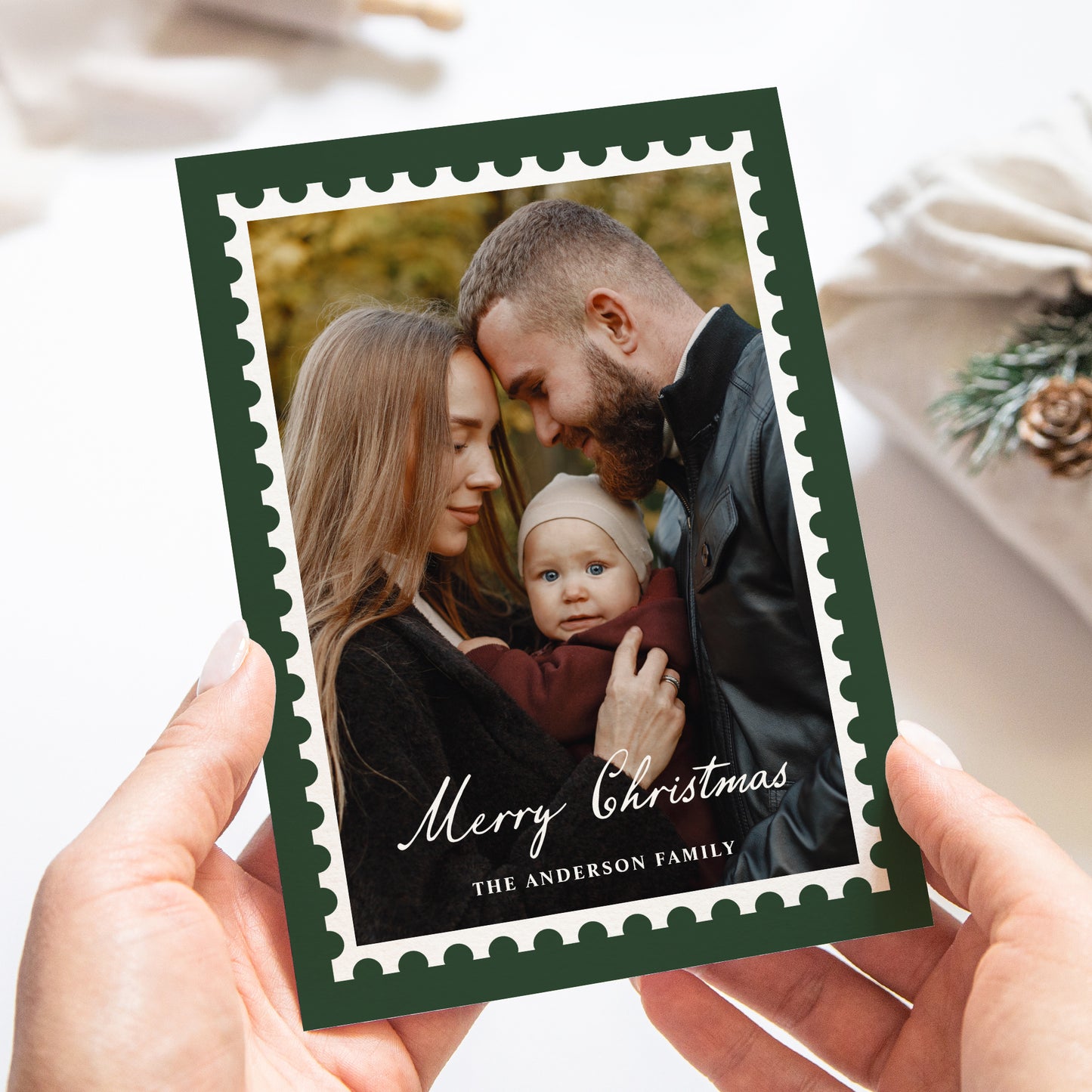 Classic Green Christmas Postage Stamp 5 Photo Holiday Card | Corjl Template