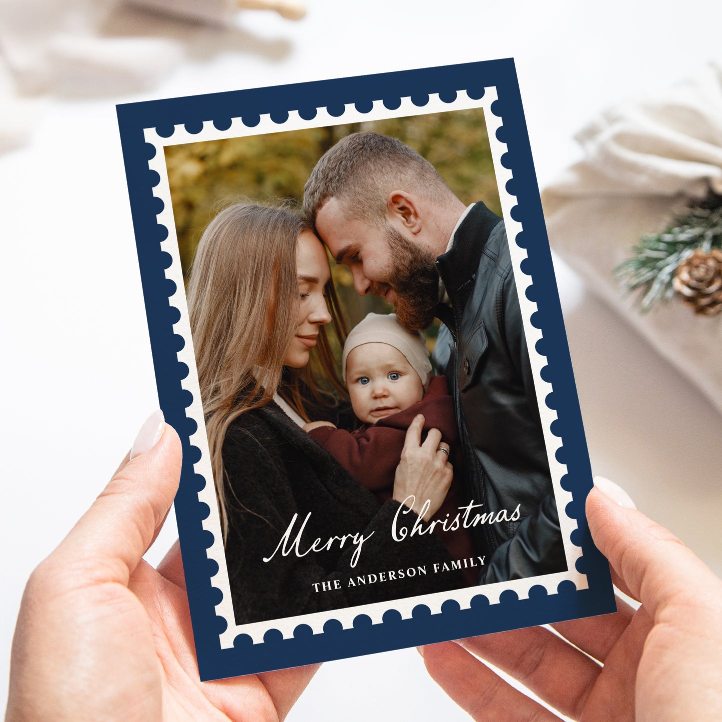 Classic Navy Christmas Postage Stamp 5 Photo Holiday Card | Corjl Template
