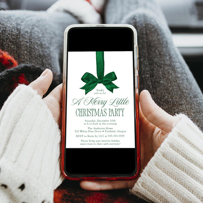 Elegant Green Bow Merry Little Christmas Party Invitation | Canva Template