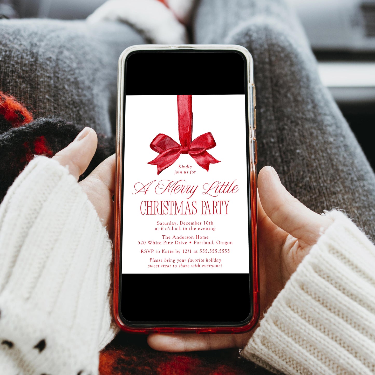 Elegant Red Bow Merry Little Christmas Party Invitation | Canva Template