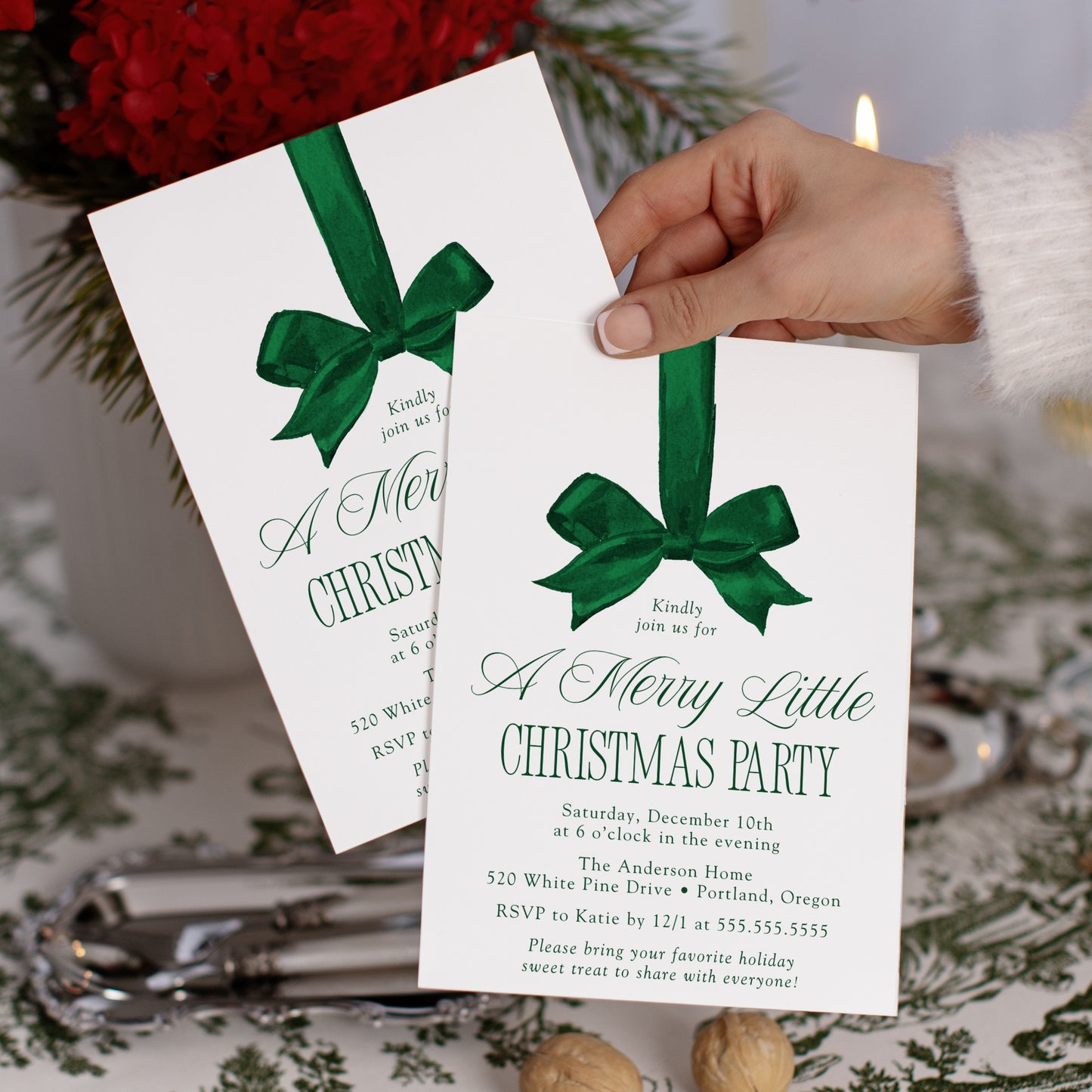 Elegant Green Bow Merry Little Christmas Party Invitation | Canva Template