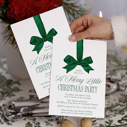Elegant Green Bow Merry Little Christmas Party Invitation | Canva Template