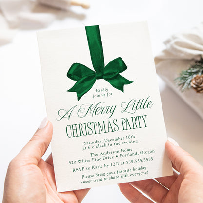 Elegant Green Bow Merry Little Christmas Party Invitation | Canva Template