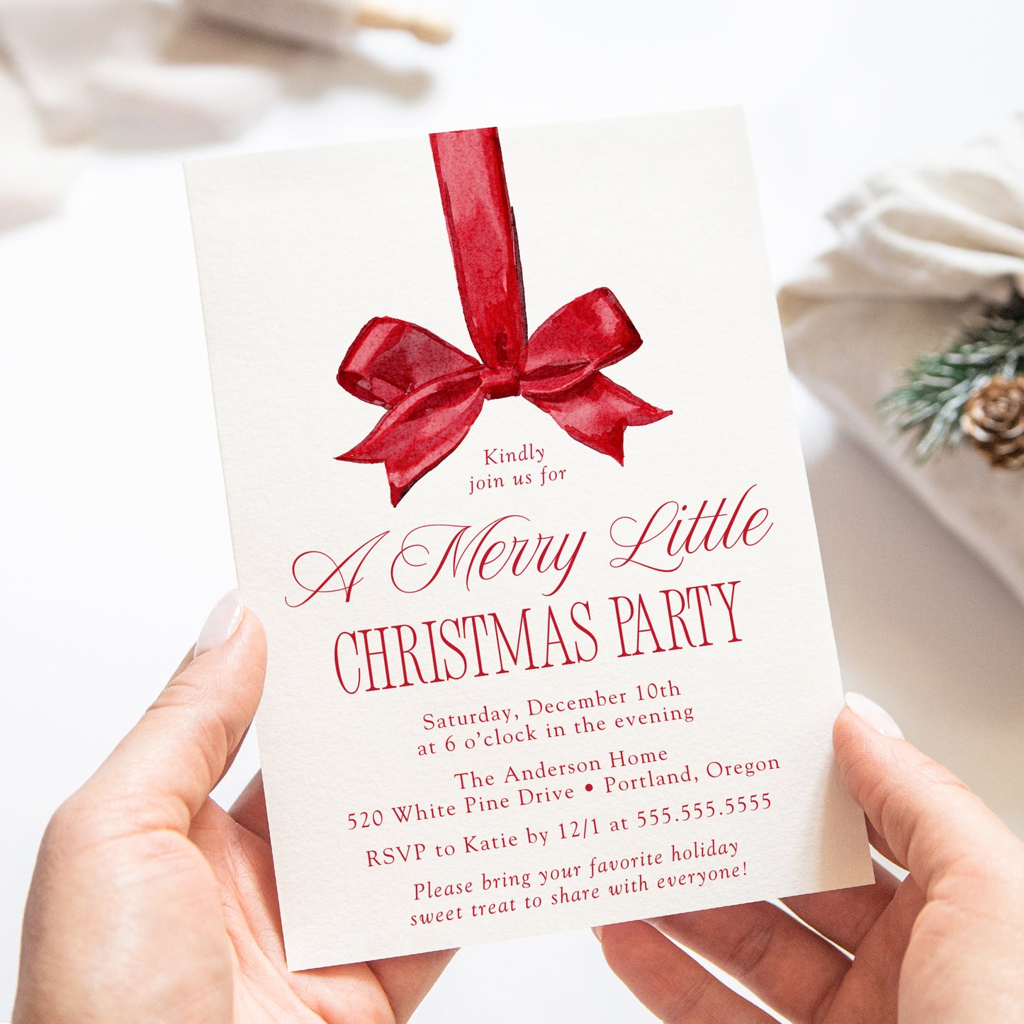 Elegant Red Bow Merry Little Christmas Party Invitation | Canva Template