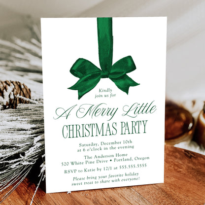 Elegant Green Bow Merry Little Christmas Party Invitation | Canva Template