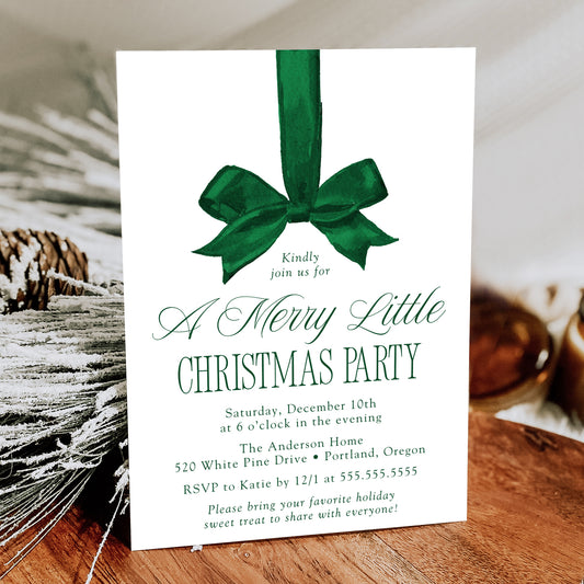 Elegant Green Bow Merry Little Christmas Party Invitation | Canva Template
