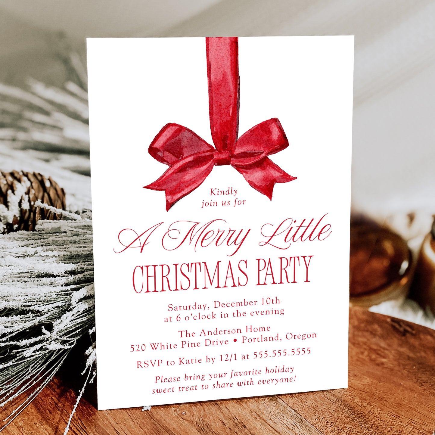 Elegant Red Bow Merry Little Christmas Party Invitation | Canva Template