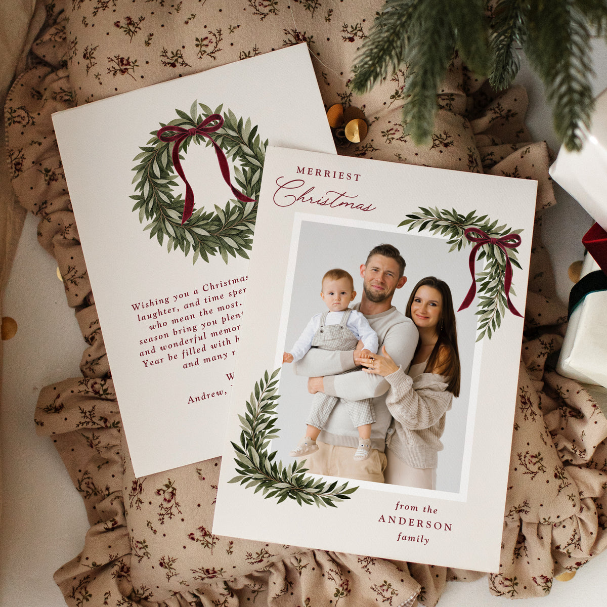 Elegant Burgundy Bow Watercolor Greenery Christmas Photo Card Template