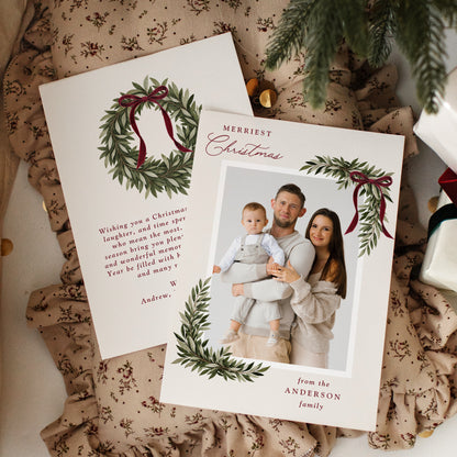 Elegant Burgundy Bow Watercolor Greenery Christmas Photo Card Template