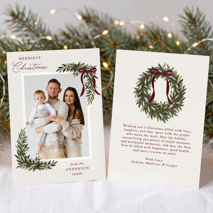 Elegant Burgundy Bow Watercolor Greenery Christmas Photo Card Template