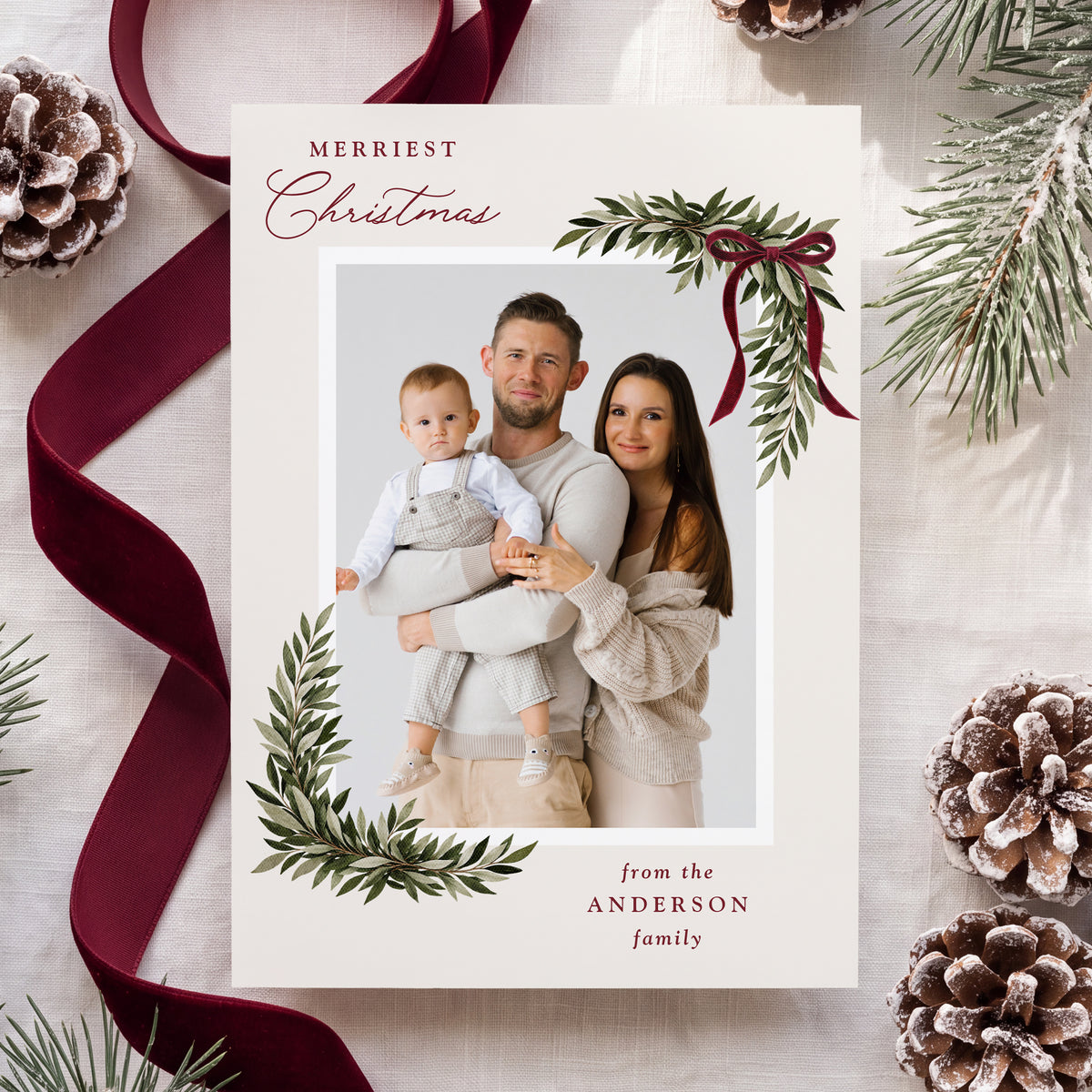 Elegant Burgundy Bow Watercolor Greenery Christmas Photo Card Template