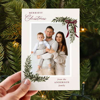Elegant Burgundy Bow Watercolor Greenery Christmas Photo Card Template