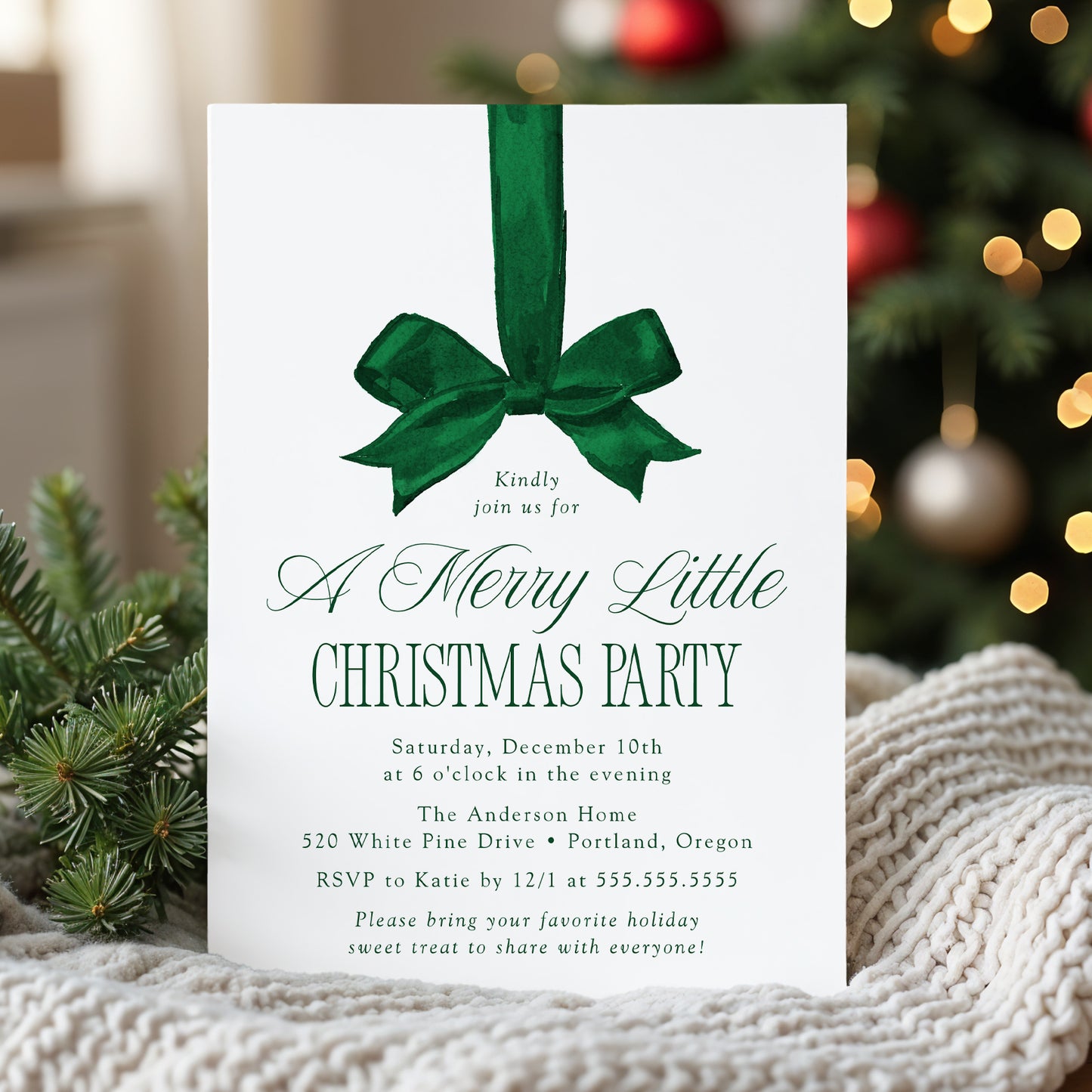 Elegant Green Bow Merry Little Christmas Party Invitation | Canva Template