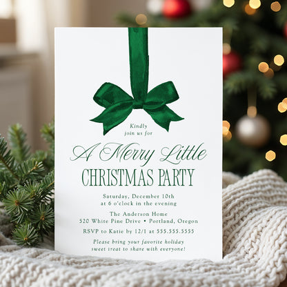 Elegant Green Bow Merry Little Christmas Party Invitation | Canva Template