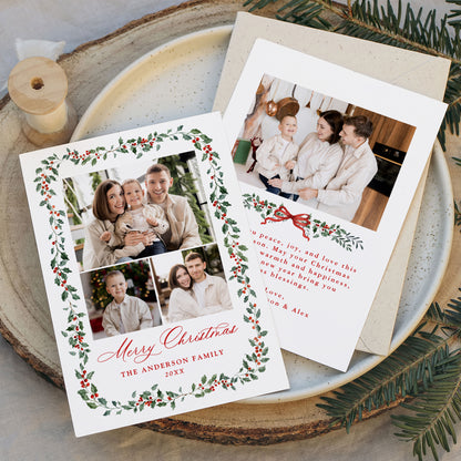 Elegant Holly Berries and Greenery 4 Photo Holiday Card | Corjl Template
