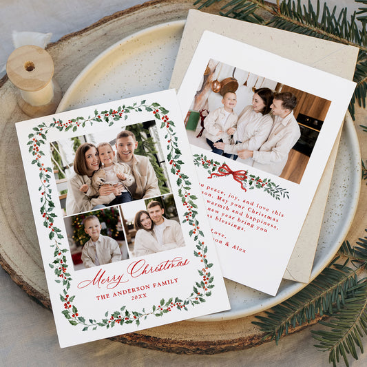 Elegant Holly Berries and Greenery 4 Photo Holiday Card | Corjl Template