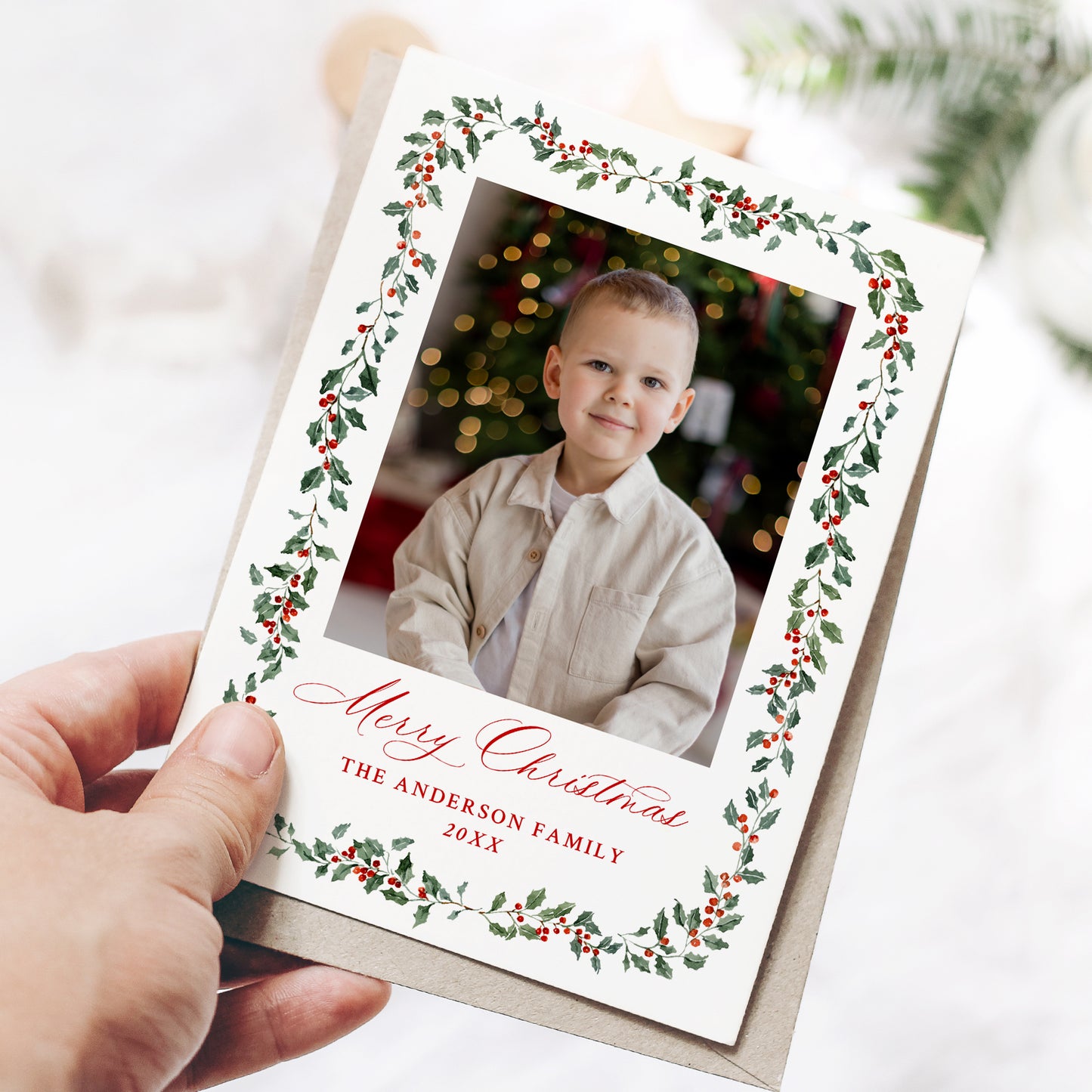 Elegant Holly Berries and Greenery 2 Photo Holiday Card | Corjl Template